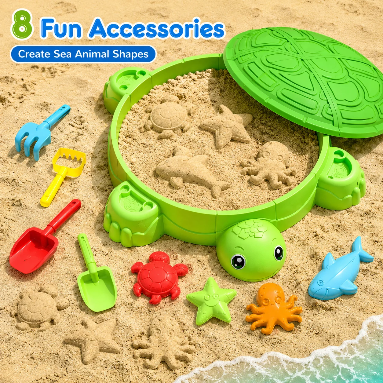 MQUDUO Outdoor Turtle Sandpit Toy, Large 61cm Sandbox with Lid and Accessories for Boys Girls Beach Garden Play