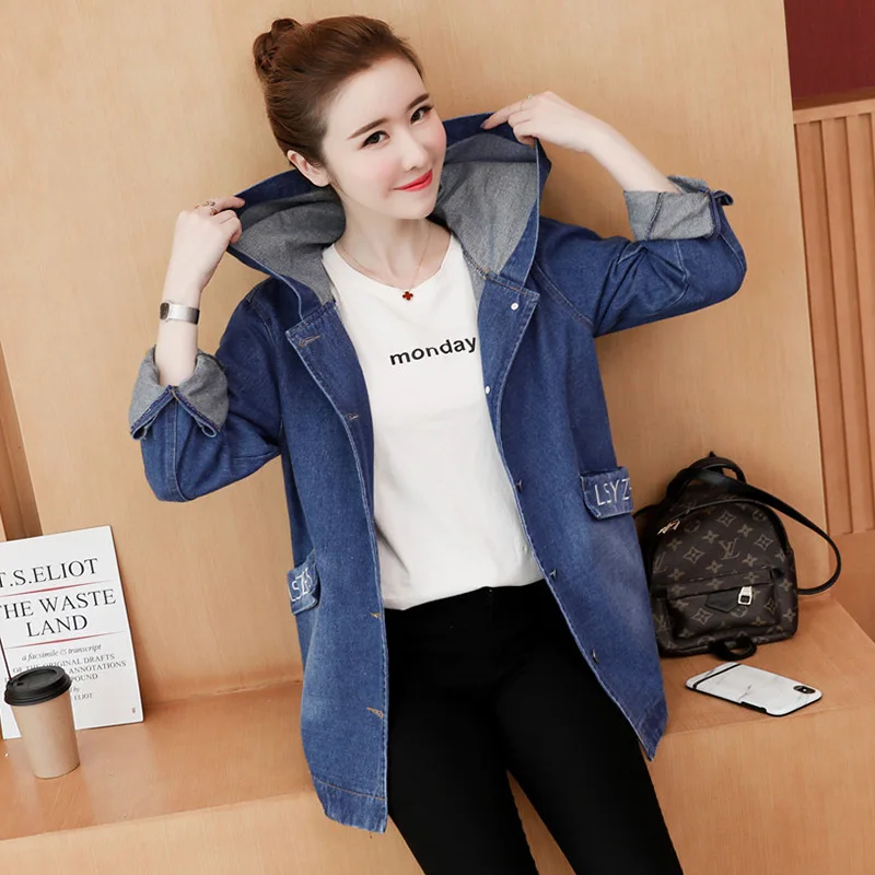 

Весна 2023, женский джинсовый тюнер с капюшоном, свободный крой, модный корейский слэ, большие размеры, утягивающий универсальный топ из хлопкового материала