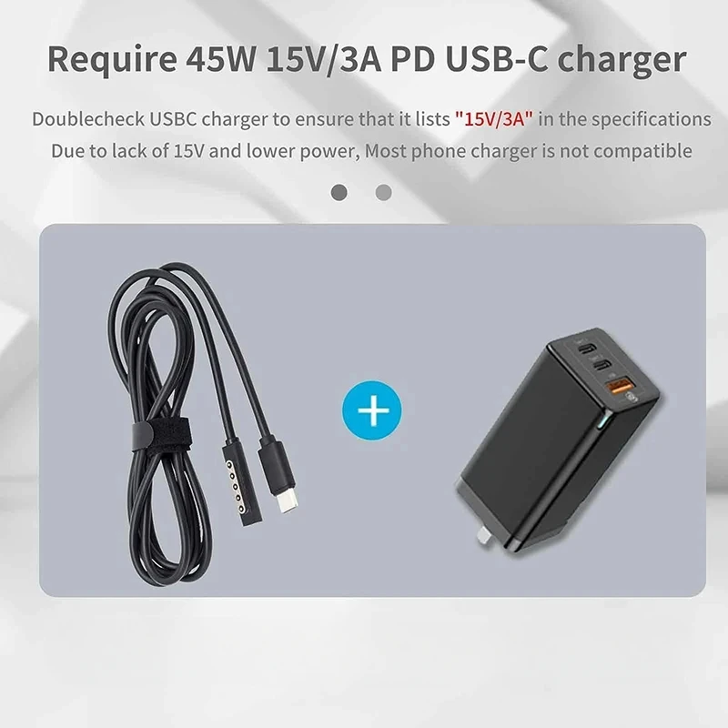 Tipo-C cabo de carregamento de alimentação, 65W, trabalhar com 15V, 3A USB-C, GaN PD carregador adaptador, compatível com Microsoft Surface Pro1, 2