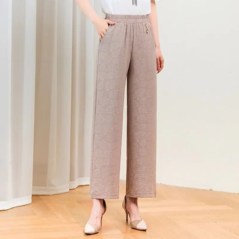 

Womens Elastic Waist Drawstring Jacquard High Waist Wide Leg Casual Pants