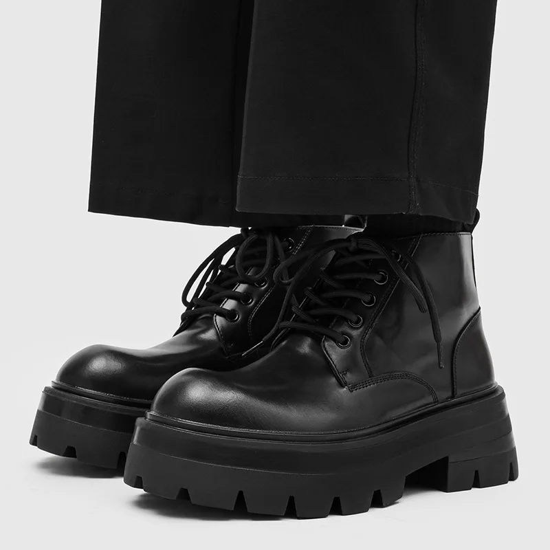 Botas de plataforma para hombre, con cordones, de cuero original, negras, modernas, estilo cowboy, botines, punk rock, elegantes, gruesas, botas masculinas