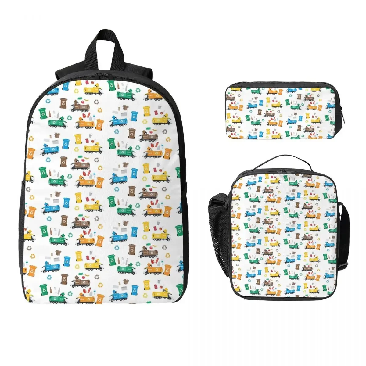 Colorful Recycling Garbage Trucks And Bins Backpack Student Boys Girls BookBag School Bag Insulated Lunch Bag Pencil Case