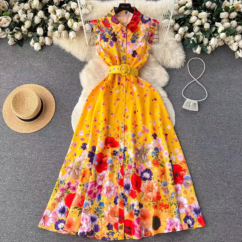 

2023 Bohemian Floral Print Chiffon Long Dress Summer Casual Sleeveless Beach Dress Elegant Chic Women White/Blue/Yellow Vestidos