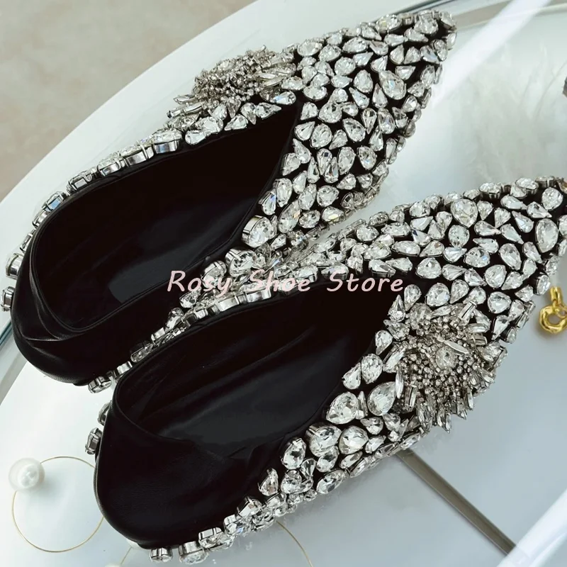 

Luxurious Crystal Embellished Ballet Flats Pointed Toe Leather Shoes Designer Style Bling Bling Rhinestone Shoes Handmade Shoes