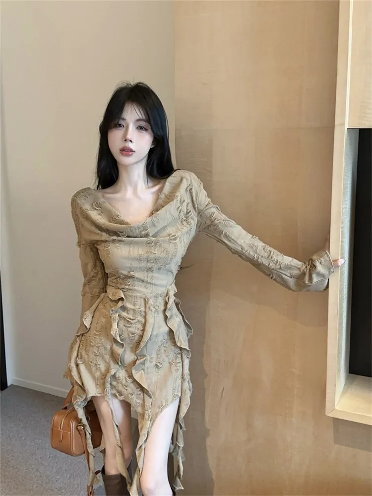 Wasteland Punk Style Fashion Ripped Irregular Mini Dress Slash Neck Women 2025 New Spring Ruffles Ribbon Long Sleeve Short Dress