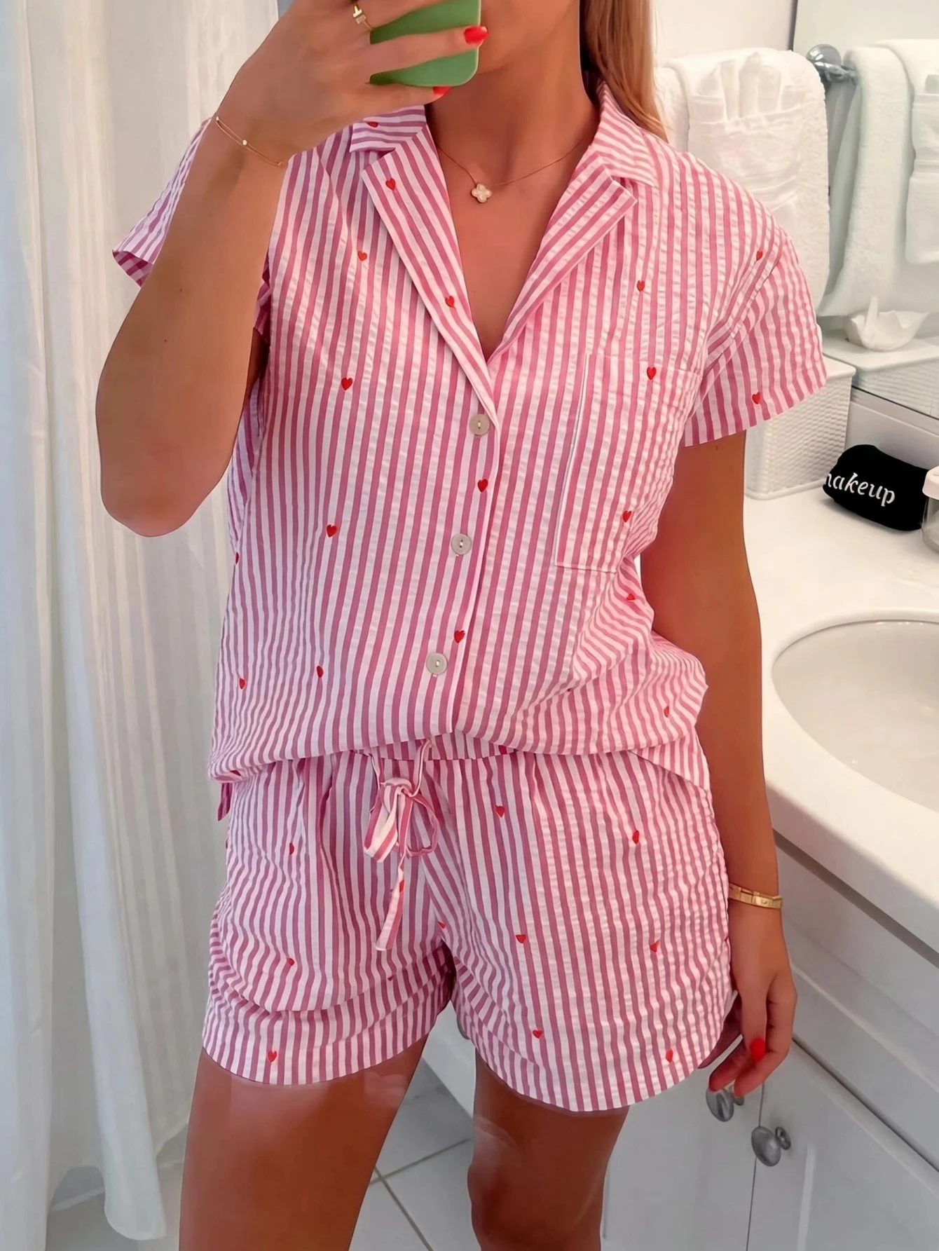 

Women's Home Clothes Set Spring Summer Autumn Striped Heart Fashion Casual Set Elastic Shorts Nightgown Set