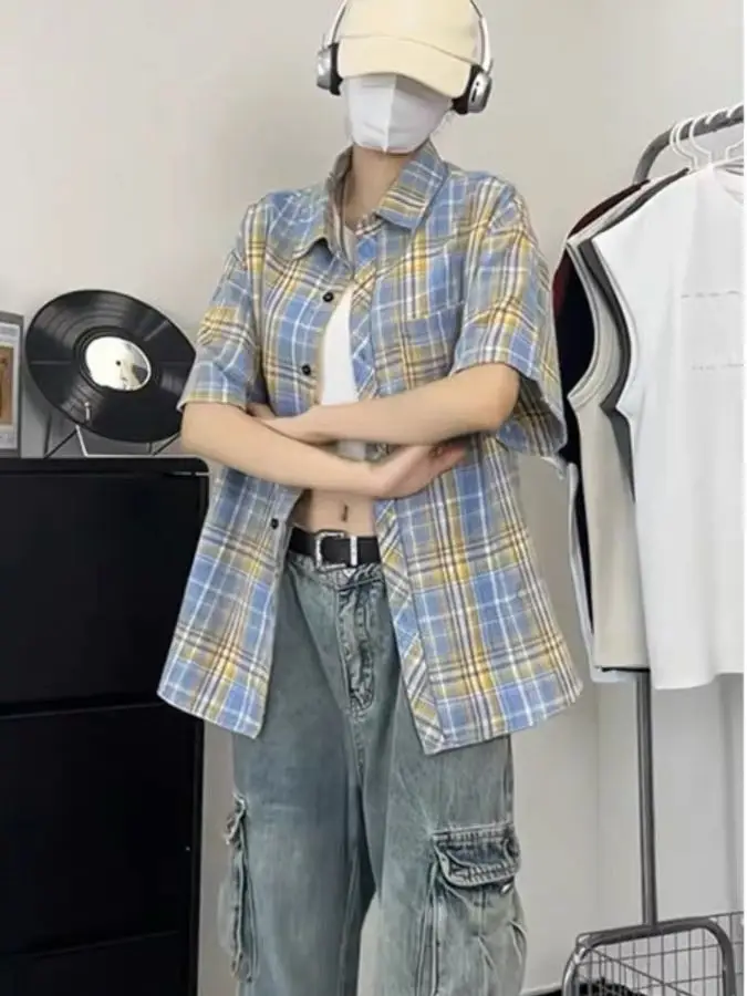 

Loose Casual Short Sleeve Shirt Large Size 300 Pounds Color Block Plaid Unisex Summer Korean Style Outerwear Versatile Shirt