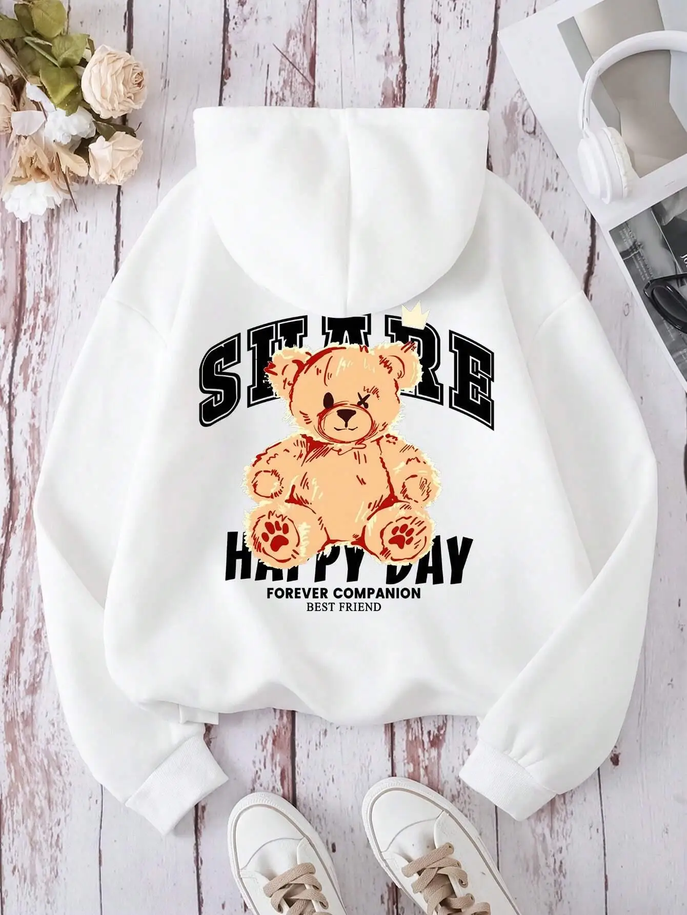 Forever Companion Best Friend Teddy Bear Sweatshirt For Women Simple Oversize Hooded Street Fleece Hoodie Autumn Casual Tops