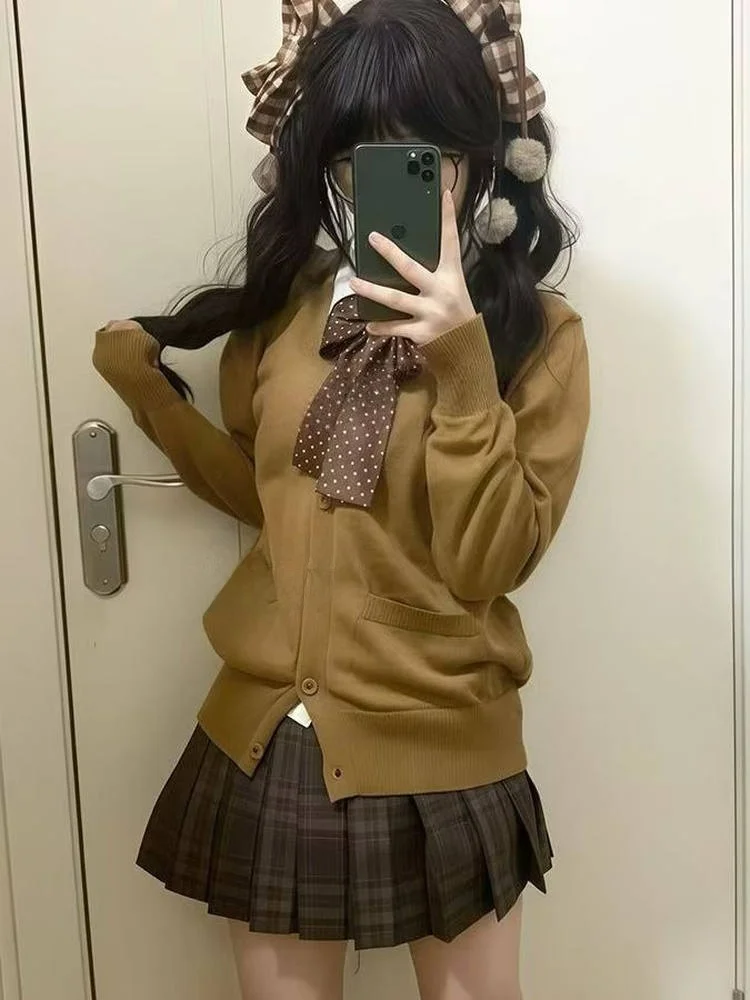 

Осенне-зимний оригинальный вязаный комплект-костюм JK: свитер и пальто с длинными рукавами, женский модный ансамбль в студенческом стиле на пуговицах