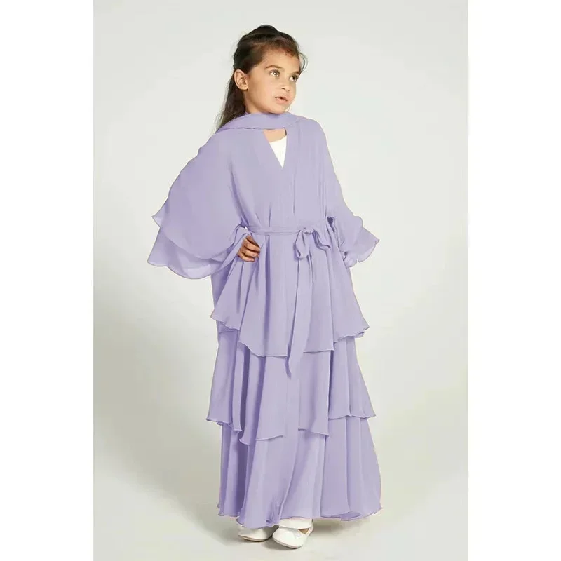 Vestido Abaya para Meninas Muçulmanas no Ramadã, Kaftan Longo de Chiffon Sólido, Vestido Kebaya com Cinto, Roupas Islâmicas para Presente