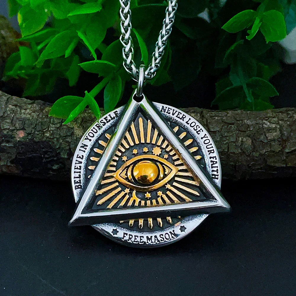 Vintage Masonic Demon Eye Necklaces Punk Stainless Steel All Seeing Eye Triangle Pendant Chain Biker Jewelry Gift Wholesale