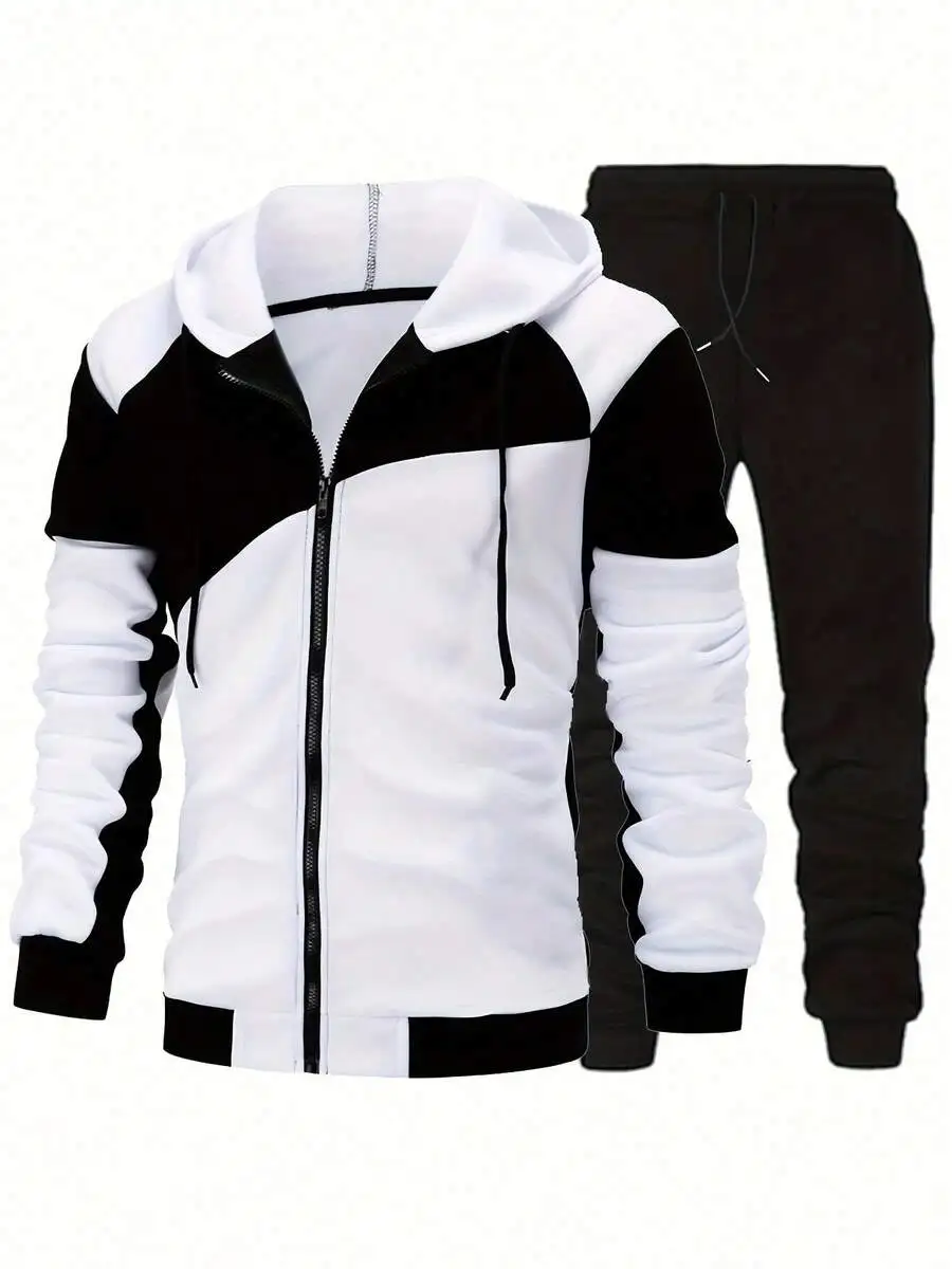 Mens 2-Piece Color Block Hooded Zipper Jacket And Jogging Pants Set