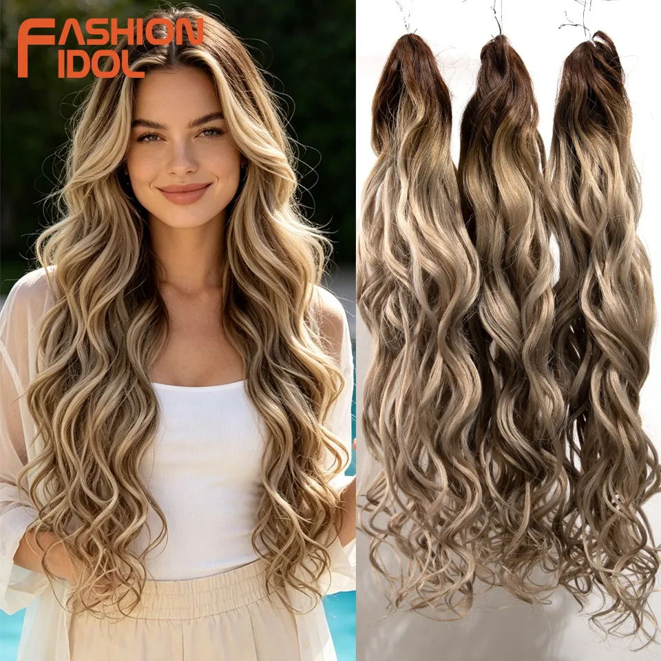 

FASHION IDOL 24inch Total 300g/3Pcs Water Wave Curly Crochet Braids Hair Synthetic Ombre Grey Root Sunset Heat Resistant Fiber