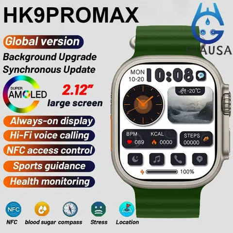 남녀공용 스마트 워치 2024 HK9PROMAX 49mm AMOLED 4G ROM, ChatGPT NFC 나침반 G-센서 시계, 블루투스 통화, 스포츠 스마트 워치