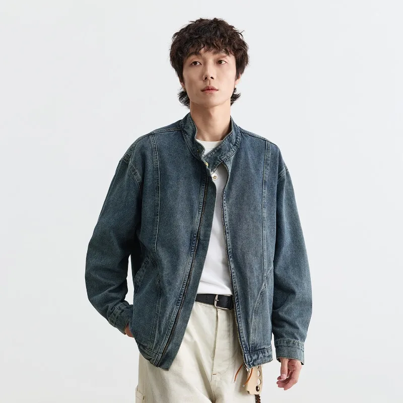 

American Style Trendy Washed Zipper Stand Collar Denim Men's Jacket Unisex Ins Trend Versatile Loose Vintage Coat