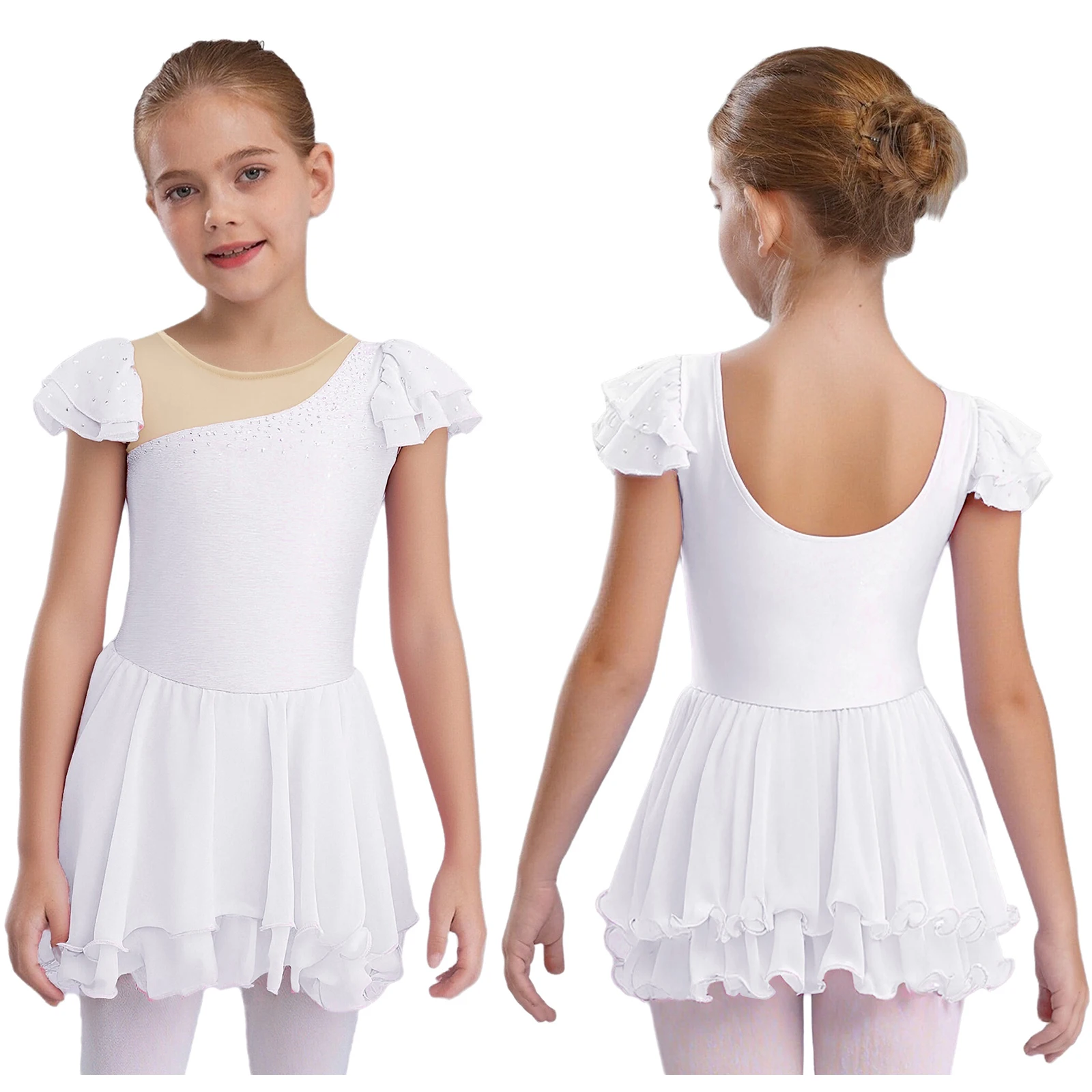 

Kids Girls Purity Ballet Swan Stage Dance Dress Lyrical Shiny Dress with Built-in Briefs for Ballet Stage Performance Costumes