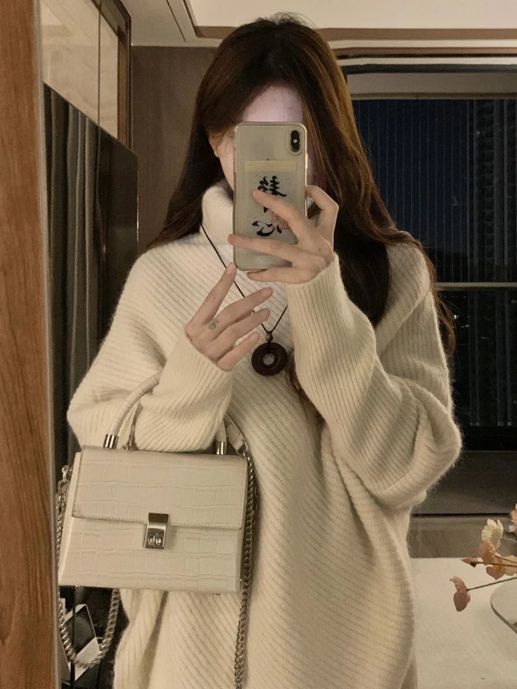 Irregular Turtleneck Sweaters Women Loose Chic Vintage Simple Pullovers Knitwear Temperament Trendy Tender  Autumn Warm Sweater