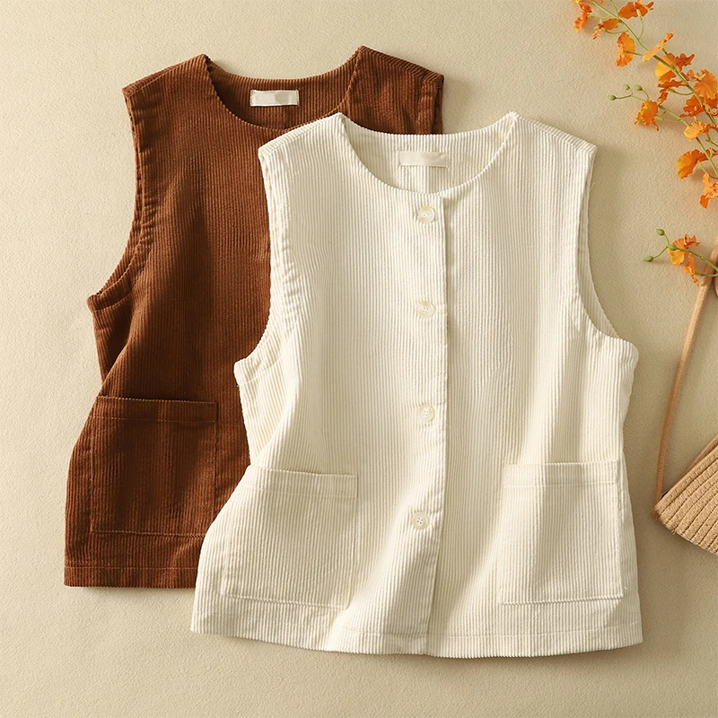 

Новинка ранней весны: Женский винтажный универсальный вельветовый жилет с круглым вырезом и одной пуговицей, художественный дизайн, стильная верхняя одежда