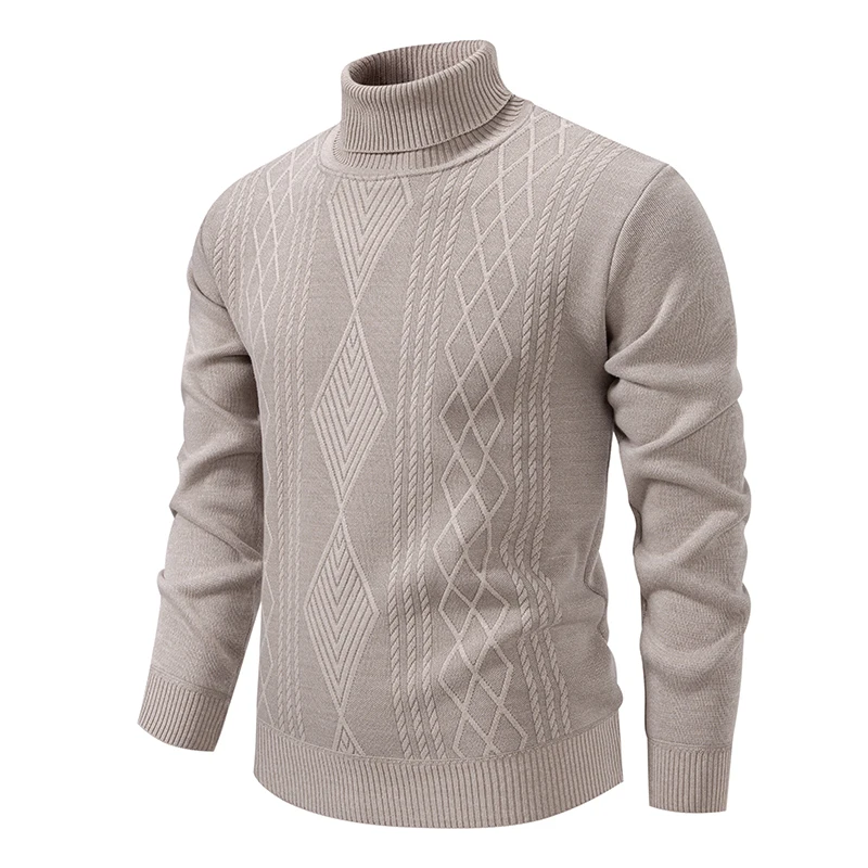 

Winter Men's Fleece Warm Turtleneck Sweater Solid Color Geometric Knit Pullovers Men Thick Smart Casual Fashion Knitted Sweaters