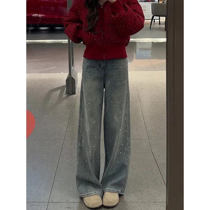 

Модные женские джинсы с высокой талией и широкими штанинами, весна 2026, новые, блестящие, прямого кроя, элегантные брюки
