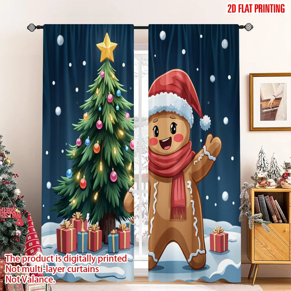 

2pcs 2D flat printing Christmas Party Curtain Christmas Gingerbread Man Snowflakes Stars Fabric Without Electricity Spring Use