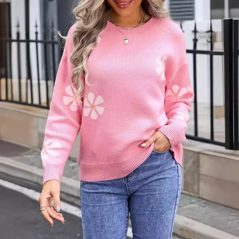 

Casual Loose Pullover Sweater for Autumn/Winter Women's Pullers 2024 New O-neck Full Sleeves Flower Knitted Sweater for Woman