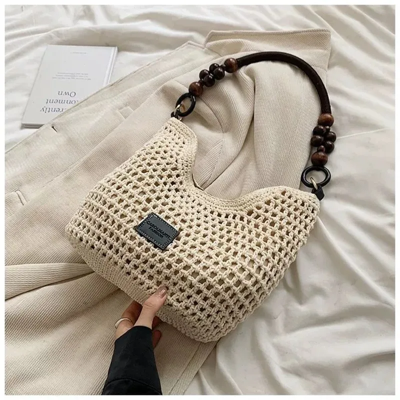 AT33 Fashion Bead Handmade Shoulder Bag Purse Women Beach Woven Hobo Handbag Large Capacity Single Shoulder Hollow Out Tote