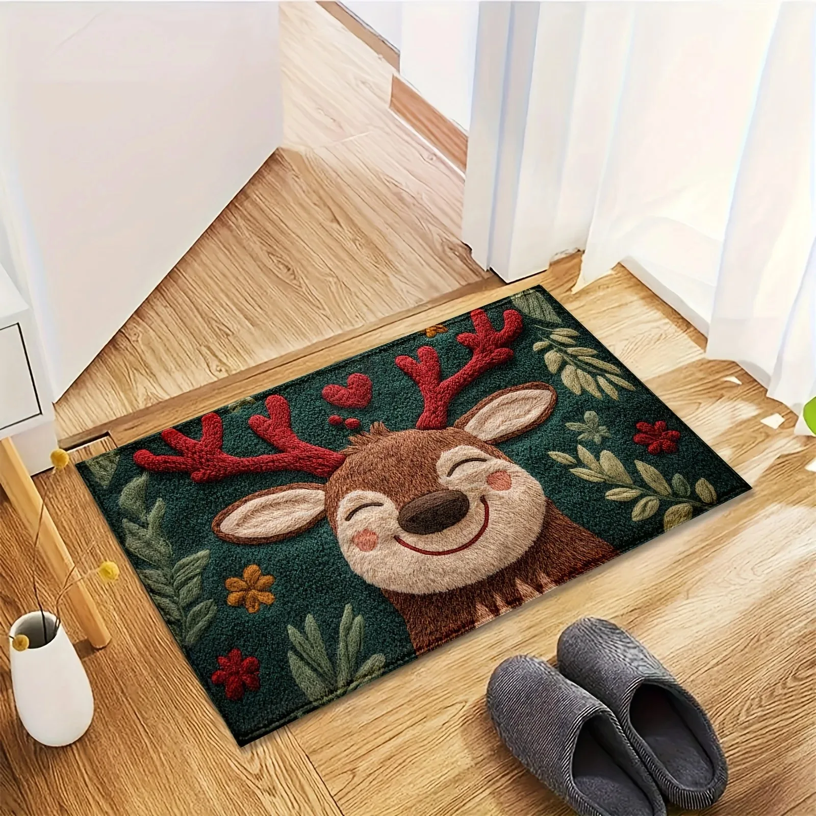 1PCS Fluffy Christmas Deer Microfiber Bath Mat - Quick-Dry & Absorbent, Festive Holiday Design with Red Berries & Green Leaves