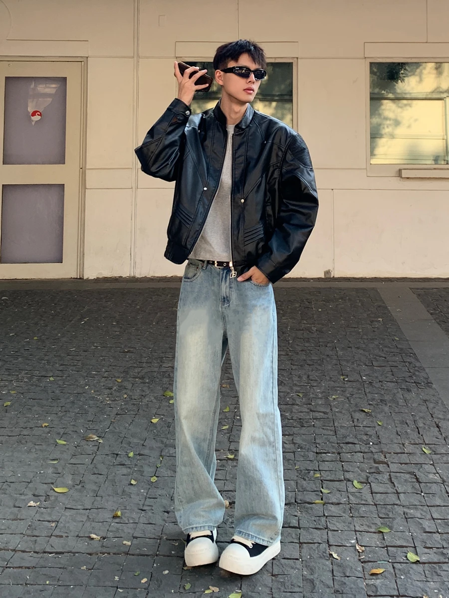 

Light Blue High Waist Straight Leg Men's Jeans Spring Waed out Long Pants Slimming Effect Cleanfit Micro Flared Trousers