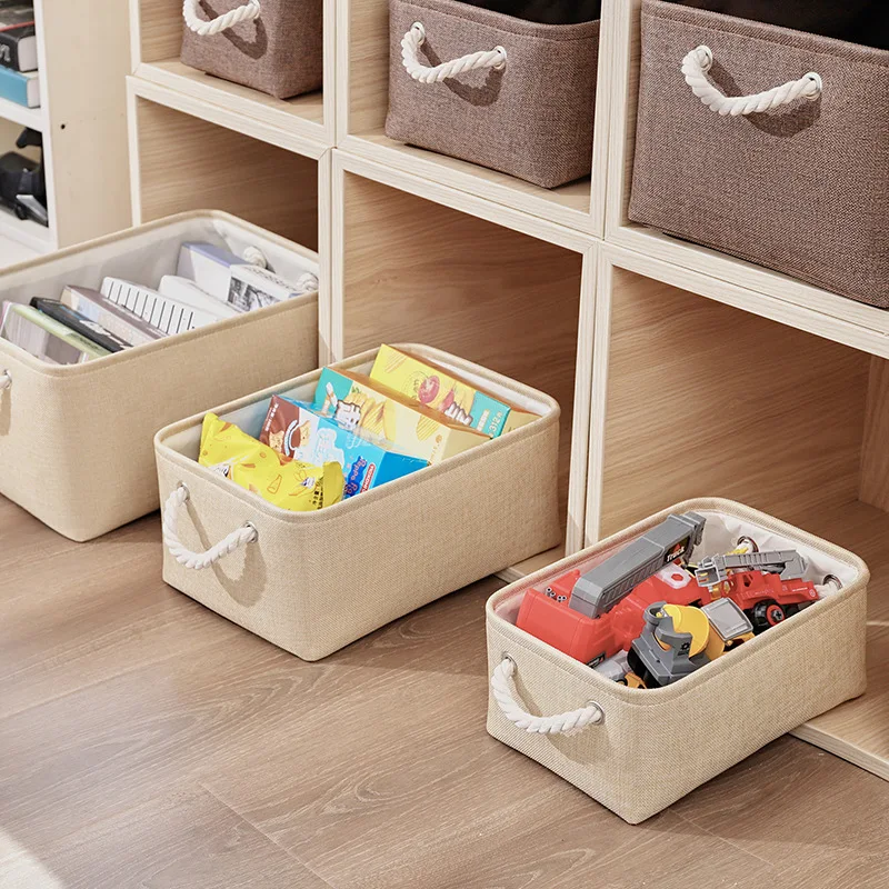 1Pc Beige/Grey Folding Storage Basket Linen Storage Fabric Wardrobe Office Bedroom Closet Toys Laundry Basket With Handle