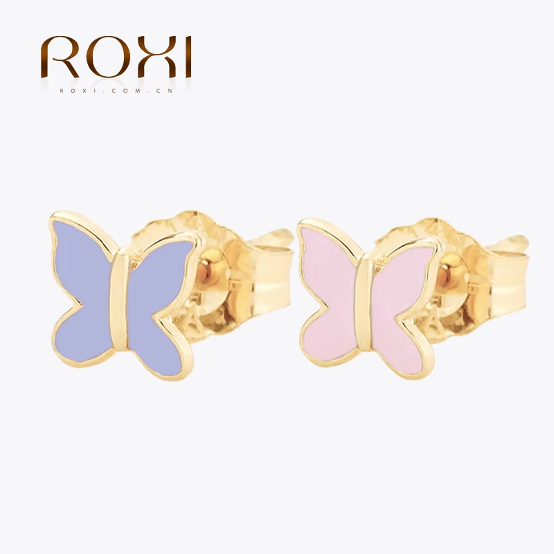 ROXI 925 Sterling Silver Ear Piercing INS Butterfly Pattern Pink Purple Orange Enamel Earrings For Women Drop Oil Fine Jewelry