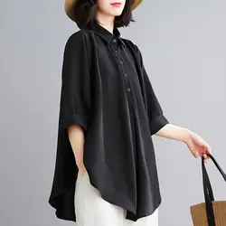 Vintage Loose All-match Blouse Summer New Polo Neck Button Solid Color Plus Size Shirt Tops Elegant Casual Women Clothing