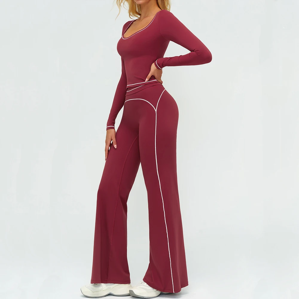 2 pçs conjunto de yoga ginásio ternos de fitness ao ar livre roupas esportivas femininas treino treino manga comprida calças largas roupas de ginásio