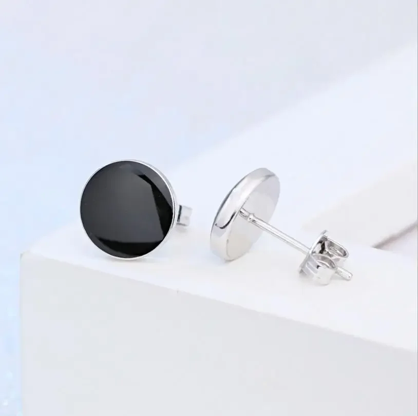 Fashion 925 Sterling Sliver Black Vinyl Spot Stud Earrings For Men and Women Brincos De Prata Silver 925 Jewelry Party Gift