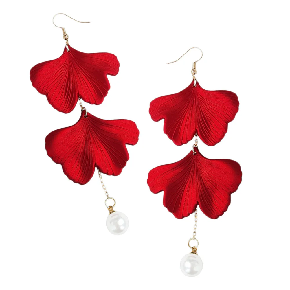 1 Pair Red Ginkgo Leaf Pearl Earrings Silver Hypoallergenic Chinoiserie Ear Pendant Stylish Trendy Festival Jewelry Decorative