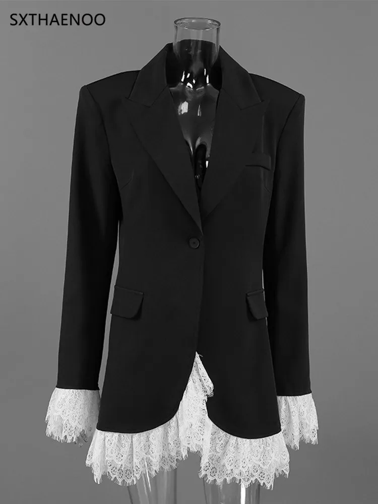 سترة نسائية رفيعة من الدانتيل بزر واحد من IRENE TINNIE فضفاضة بياقة على شكل حرف v وأكمام طويلة وسادات كتف سترة سوداء 2025 ملابس خارجية للسيدات في الشارع