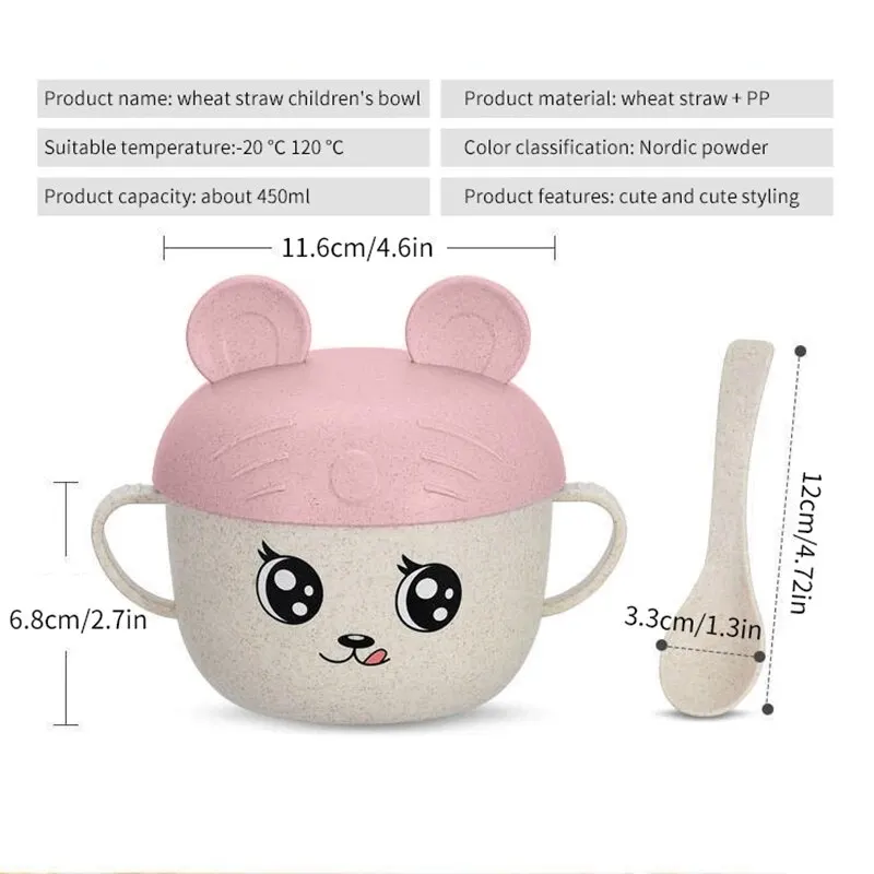 1 PCS Cute Cartoon Childrens Wheat Straw Tableware Set Food Bowl Soup Rice Bowl Kindergarten Tableware Bowl With Lid And Spoon