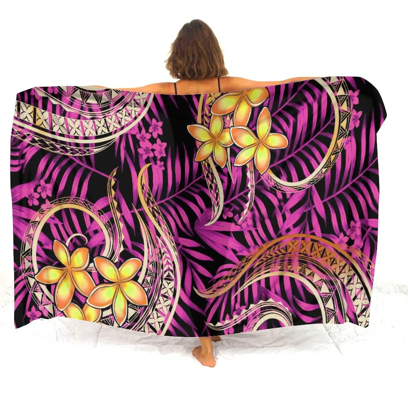 Summer Floral Print Pattern Polynesian Women'S Windproof Cape Beach Sarong Shawl Customizable Beach Sun Protection Sarong Apron