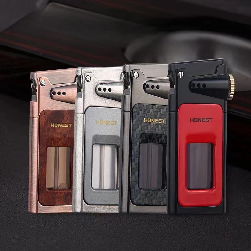 New HONEST One Click Ignition Kerosine Lighter Transparent Large Capacity Oil Tank Windproof Retro Wood Grain Lighter Men's Gift