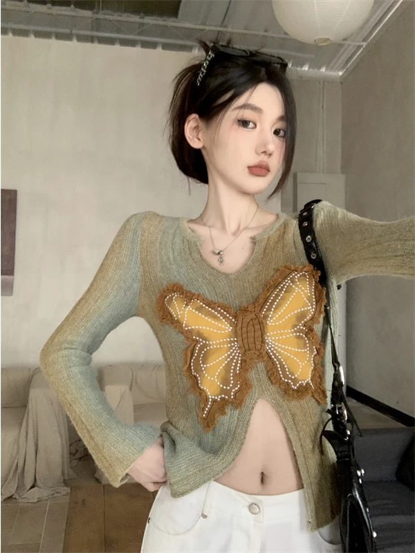 

Модный женский вязаный топ с длинным рукавом и V-образным вырезом, весенний дизайн, повседневная приталенная верхняя одежда в стиле Spicy Girl Ci Walk Knitwear