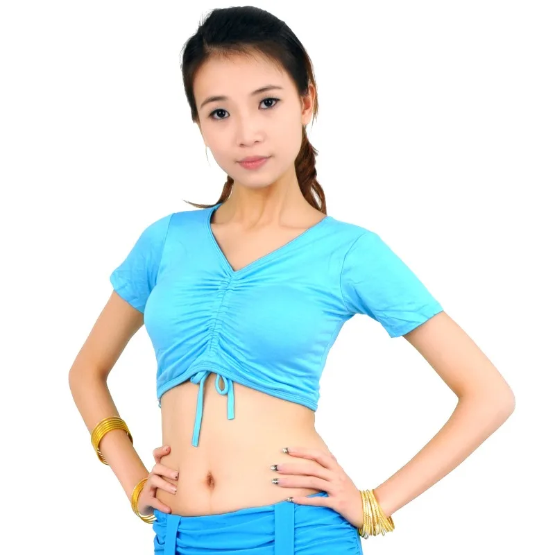 ที่กําหนดเองย่น V คอสั้นแขนสั้น Belly Dance เครื่องแต่งกายฝึกชุดแขนสั้นผ้าฝ้าย Bra Tops