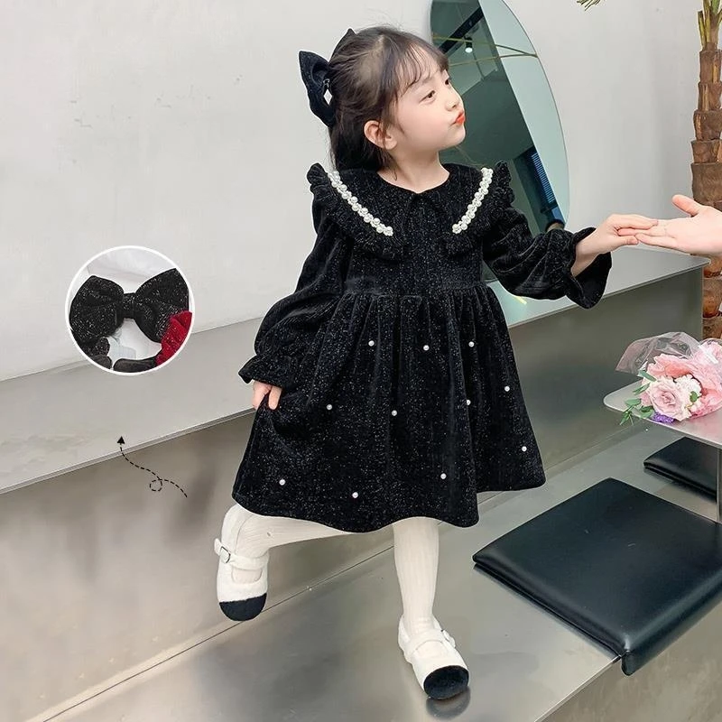 Girl Dress Kids Party Birthday Evening Gown 2023 Red Wine Winter Autumn Cotton Plus Thicken Flower Girl Dress Teenagers Children