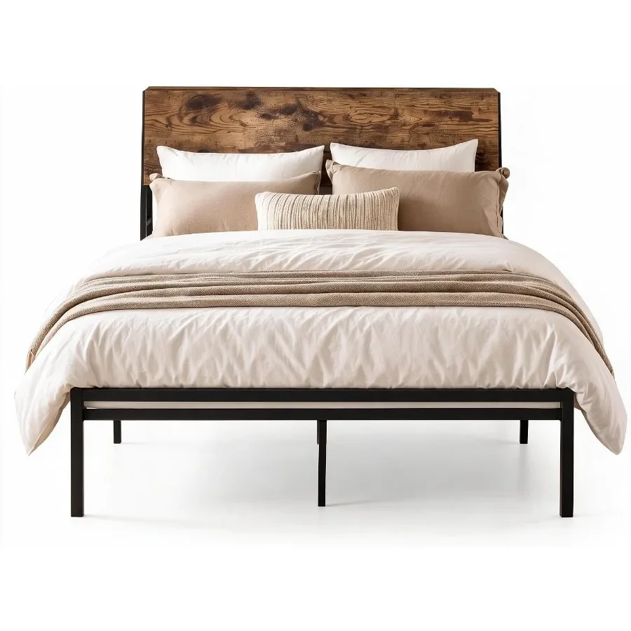 Queen Metal Bed Frame with Wood Headboard, Quiet Support and Easy to Setup