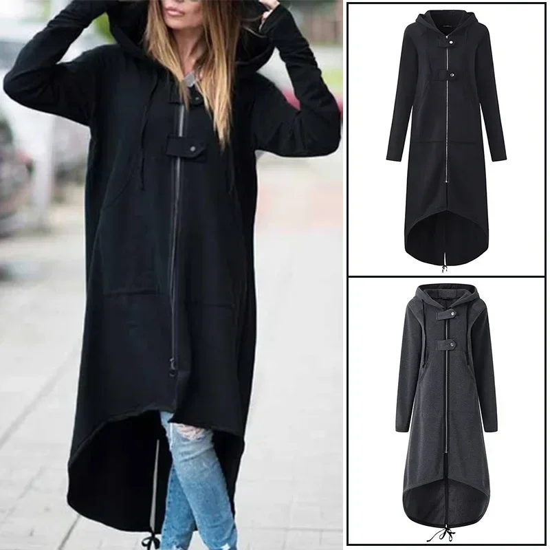 ฤดูใบไม้ร่วงและแฟชั่นฤดูหนาว Maxi ขนาดผู้หญิงเสื้อแขนยาวซิปปุ่มไม่สมมาตร Hem ยาวเสื้อสเวตเตอร์ถักชุด