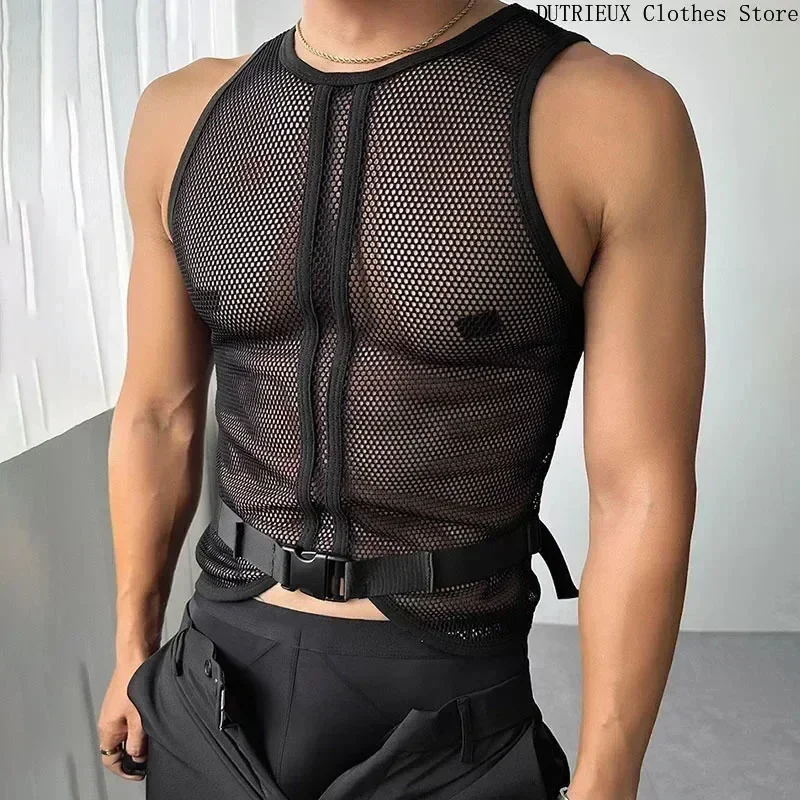 Chaleco negro Punk de calle para hombre, camiseta Sexy transparente sin mangas para hombre, chaleco hueco para ejercicio físico, camiseta sin mangas