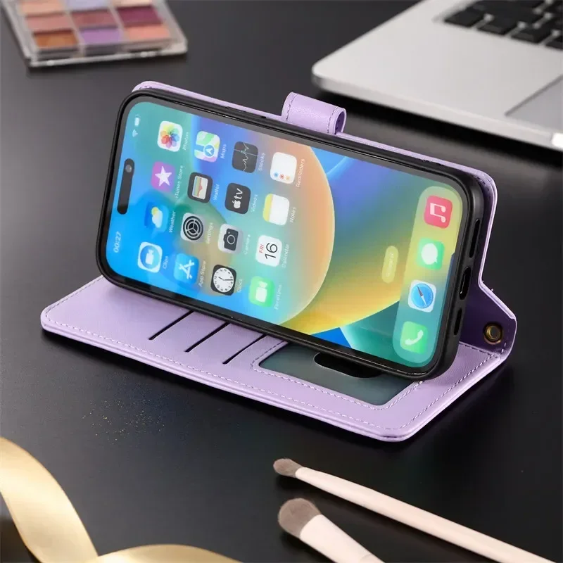 جراب هاتف طويل بحبل طويل مع محفظة من الجلد لهاتف آيفون 16 15 14 Pro Max 16E 13 12 11 X XS XR SE 8 7 Plus غطاء حامل كوكه