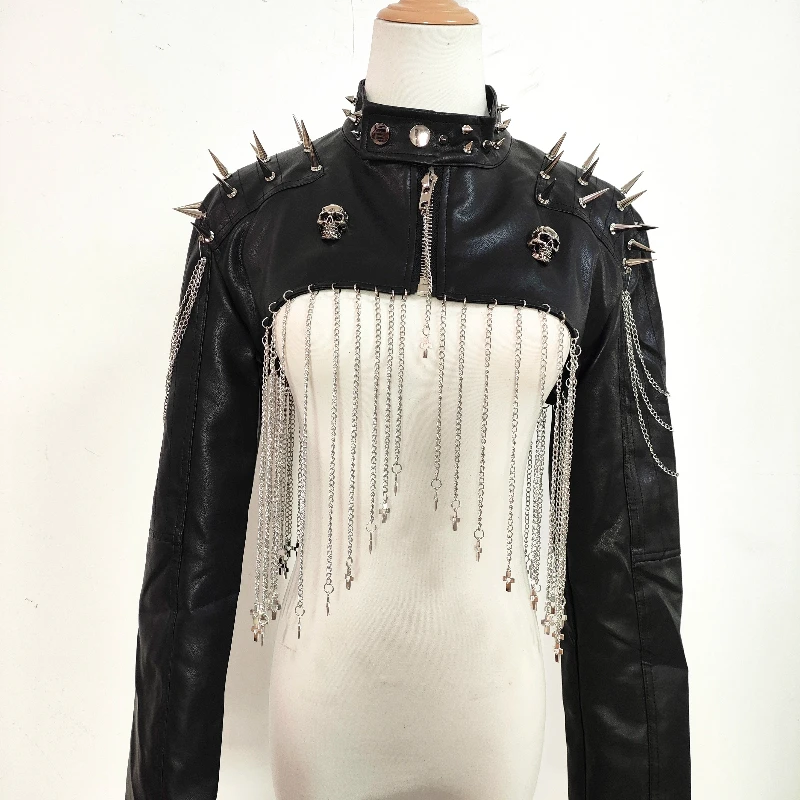 European American Punk Rivet Chain Tassel PU Leather Women's Jacket Autumn New Black Stand Collar Long Sleeve Short Coat Ladies
