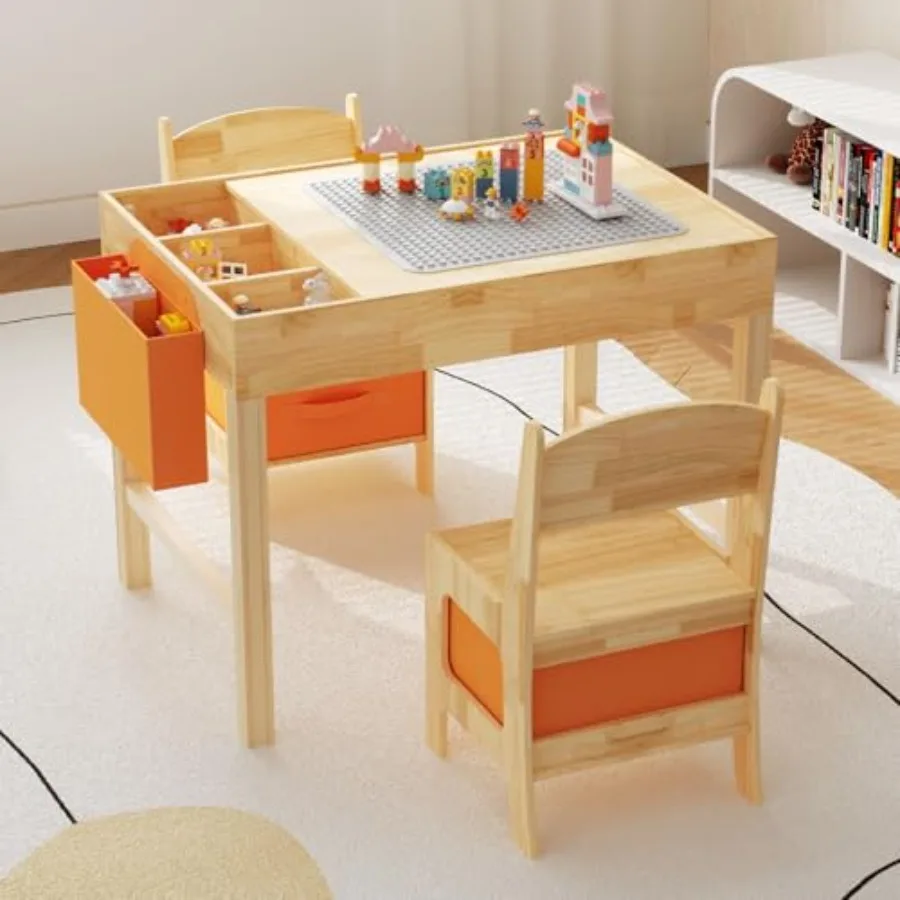 

Toddler Table and Chair Set 3 in 1 Table and Chairs Wooden Art Activity Play Craft Desk with Storage Basket Removable Building