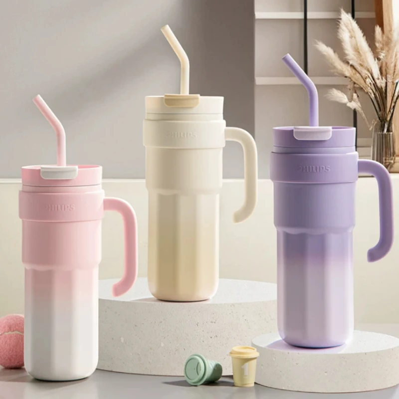 

1200ML Oversized Vacuum Insulated Cup PHILIPS Big Handle No Spill Straw Mug Fitness Hydration Bottle