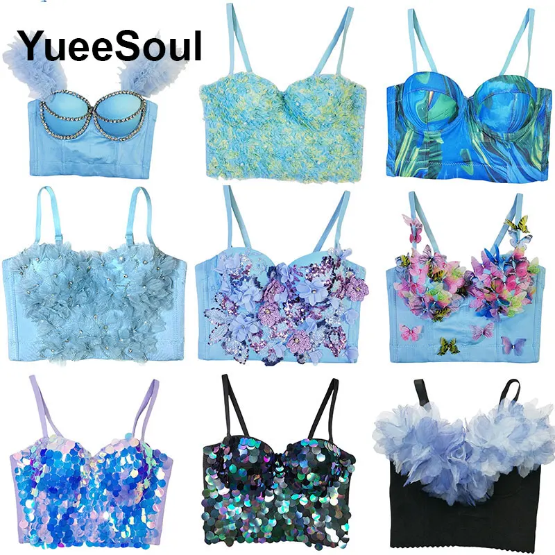 الأزرق المحاصيل القمم الفاخرة حفل زفاف نادي الشاطئ رداء علوي من دون أكمام للنساء 2025 صيف جديد Y2K الحلو لطيف مثير مشد بوستير الشارع الشهير